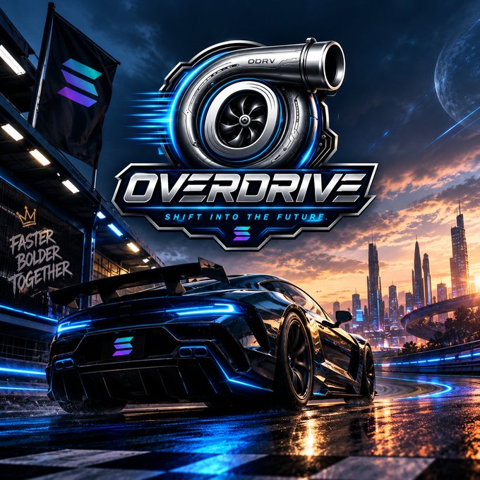 Stylized promotional artwork for the 'OVERDRIVE' token shows a sports car with glowing blue taillights on a wet city street, alongside its turbocharger logo and 'Faster Bolder Together' graffiti.