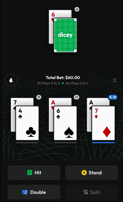 A digital blackjack game interface showing a total bet of $60.00, with the dealer's hand including a 6 and a face-down 'dicey' card, and the player's hand showing sevens, aces, and other cards across three positions.