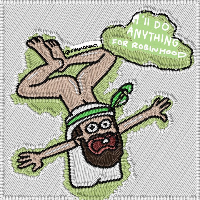 An embroidered patch depicts a bearded man falling backward while wearing a feathered headband, with a speech bubble reading "I'LL DO ANYTHING FOR ROBINHOOD" and the artist's handle "@FIMMONACI" visible on his leg.