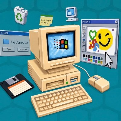 A pixel art illustration depicting a retro desktop computer setup with the classic Microsoft Paint application open, showing a smiley face drawing.