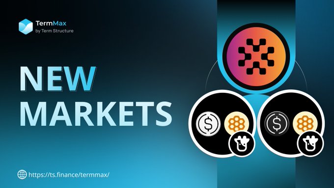 The image features a vibrant blue banner displaying an advertisement for "TermMax" by "Term Max". The banner showcases three distinct circles representing new markets - one with a dark blue background featuring a black and orange design, another with a light blue background showcasing a purple and white design, and the third circle in the lower right corner of the image. The text on the banner reads "NEW MARKETS" followed by "TERMMAX" or "Term Max". In the bottom left corner of the image, there is an additional description about "DefiTerm" or "DefinTerm" which appears to be a reference to this particular TermMax app. The terms "term", "max", and "term markets" are also present in the image.