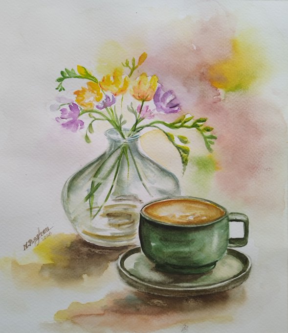 A watercolor painting featuring a green ceramic cup of coffee on a saucer beside a clear glass vase of yellow, orange, and purple flowers, signed 'N.Poghosyan 2024'.