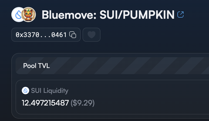 The image shows a Bluemove DEX liquidity pool for the SUI/PUMPKIN token pair, displaying a pool TVL with 12.497215487 SUI liquidity (~$9.29). The accompanying post criticizing BlueMove for allegedly draining "locked" LPs is juxtaposed with this screenshot, which visually highlights the extremely low liquidity (under $10) remaining in the pool as evidence of the alleged rug pull.