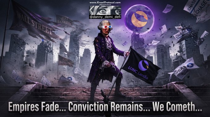 A digital artwork depicting a historical figure resembling George Washington in cyberpunk attire holding a 'LUNC Landia' flag, with a destroyed cityscape, 'CHASE' documents flying, and text reading 'Empires Fade... Conviction Remains... We Cometh...' credited to @danny_demi_defi.