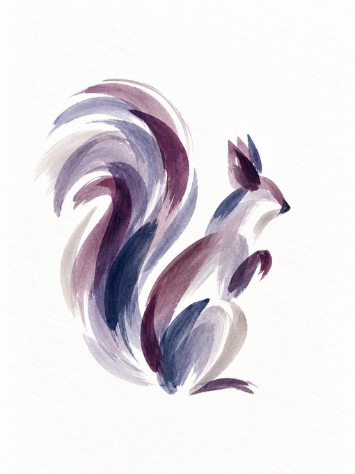 A watercolor painting of a squirrel in profile, rendered in purple, mauve, and dark blue brushstrokes against a white background.
