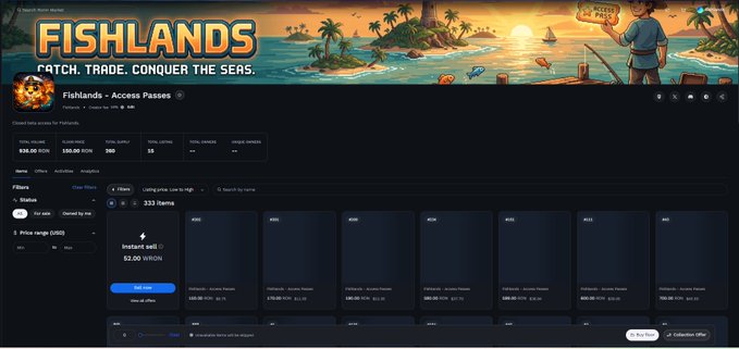 The image shows a website called "fishlands" with a banner advertisement for fishland's catch, trade, and conquer the seas game. The website appears to have a user-friendly interface, as evidenced by the small size of the screen and the presence of an accessibility check box on the left side of the page. There is also a link at the bottom of the image that directs users to a secondary marketplace for purchasing access passes to the game. These passes are still available, but they have been sold out, indicating the high demand for them.