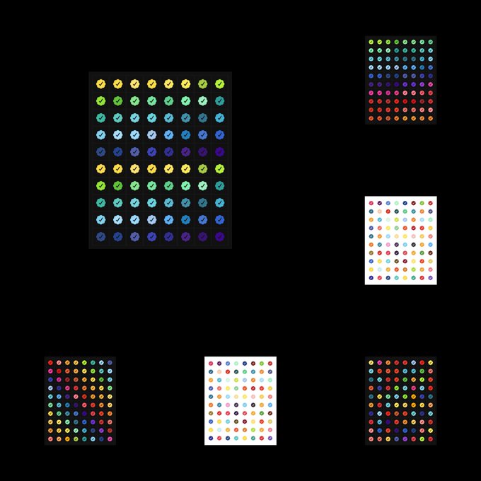 Various sheets of colorful dot stickers arranged on a black background.