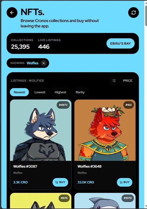 The image shows a phone screen displaying information about buying and selling NFTs (Non-Fungible Tokens). The screen also features two images of cartoon animals, including a wolf and an orange fox, which are being sold as NFTs. The text on the screen suggests that these animals can be bought or sold without leaving the app, making it convenient for users to manage their virtual assets.

The post about NFTs is titled "buy Cronos collections and buy without leaving the app", indicating that the user might be interested in purchasing some of the items listed on the app. The post also mentions a few other posts related to NFTs, such as swapping memes and managing farms.