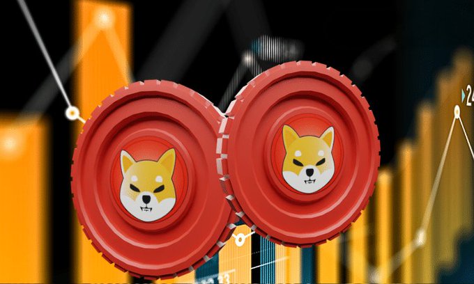 Two red Shiba Inu coin tokens float against a blurred financial chart background with orange bars and a declining line graph, visually representing Shiba Inu's recent downturn in holder count, which dropped from a peak of 1,678,991 on August 5 according to Etherscan data. The bearish chart imagery reinforces concerns about the declining health of the broader $SHIB community.