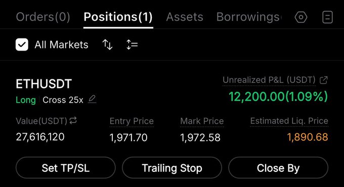 This image shows a screenshot of an ETS trading app, which appears to be a part of a Bitcoin trading platform like EtherTrader. It has several buttons representing various actions such as "Long" or "Close", and a clock showing the current time. The title "POSITIONS (1) Longed 27M of $ETH going for it again #sweeden".