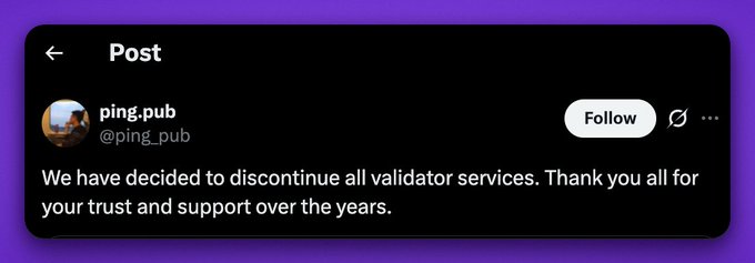A screenshot of a post from user @ping_pub on X (formerly Twitter) announcing the discontinuation of all their validator services and thanking users for their support. The accompanying caption warns stakers of $ATOM and $OSMO to redelegate their assets away from ping.pub, highlighting the platform's role as a core explorer tool and urging the community to appreciate the team's contributions.