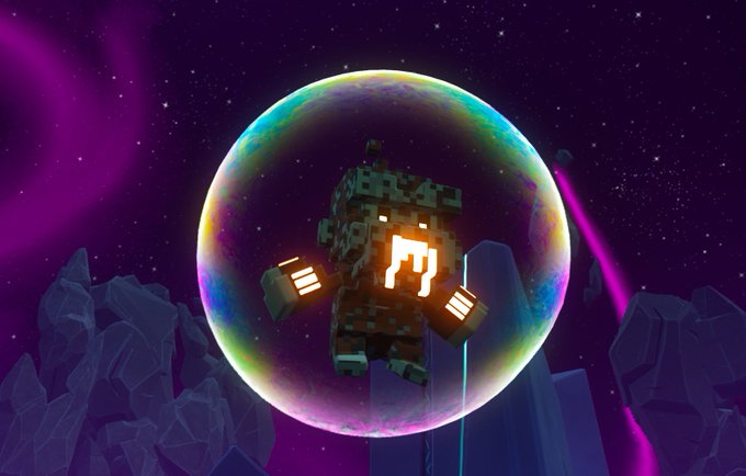 A blocky, pixelated character encased in an iridescent rainbow bubble against a purple starry space background with pink cosmic rings.