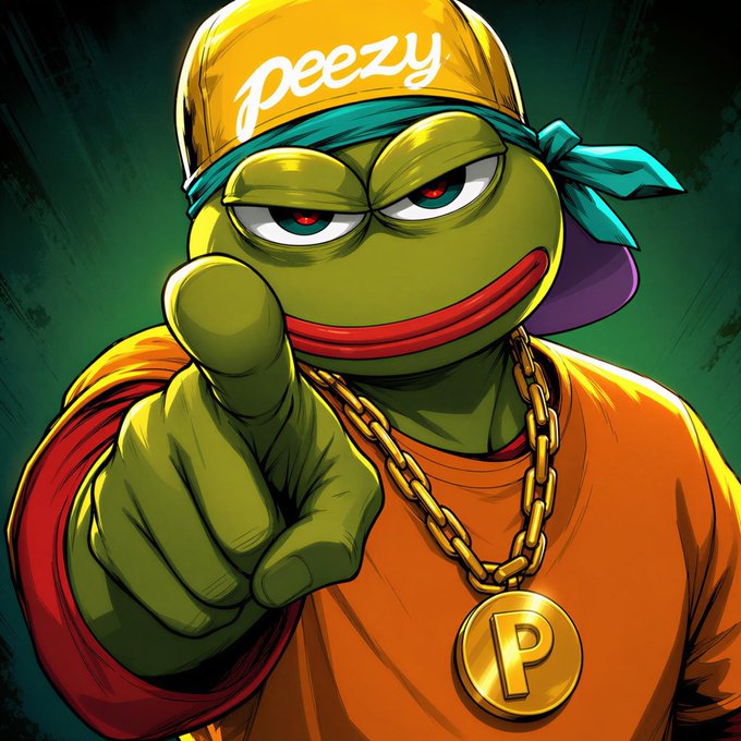 A cartoon Pepe the Frog character wearing a yellow 'peezy' cap, teal bandana, gold 'P' medallion chain, and orange shirt pointing confidently at the viewer.