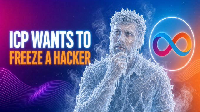 A promotional graphic for ICP features a man covered in frost and icicles alongside the text 'ICP WANTS TO FREEZE A HACKER' and an infinity logo.