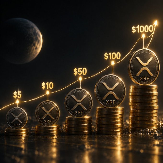A glowing upward chart traces XRP's projected price milestones at $5, $10, $50, $100, and $1,000, with golden XRP coins stacked on progressively taller coin pillars beneath each price marker, set against a dark cosmic backdrop featuring a moon. The visual reinforces the post's bullish sentiment about XRP's potential ascent to $1,000.