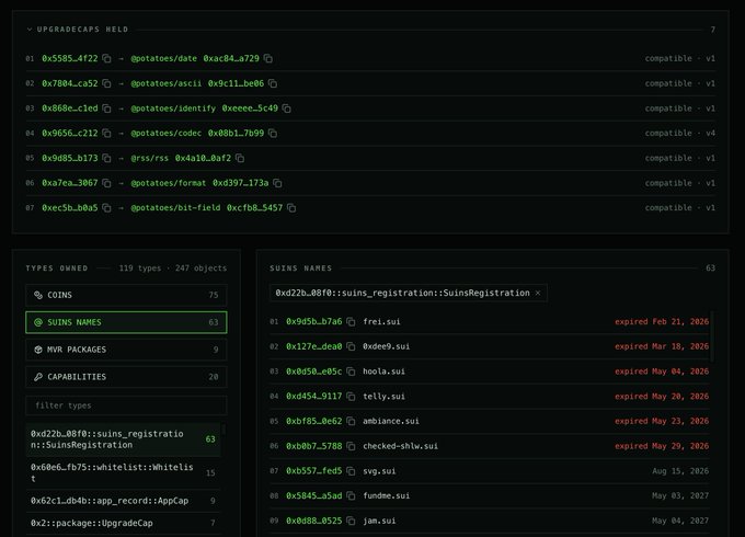 Screenshot of a Sui blockchain explorer page showing 'UPGRADECAPS HELD' with a list of object IDs and types, alongside 'SUINS NAMES' listing various .sui domain names with their statuses.
