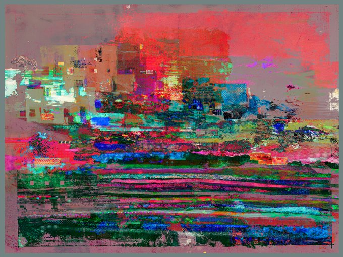 A vibrant digital painting featuring abstract horizontal brushstrokes in bold reds, greens, blues, and pinks, evoking a glitchy, pixelated landscape or seascape. The chaotic, layered composition suggests the digital medium and "Ghost of the Brush" theme of the auction, blending traditional painterly qualities with modern digital artifacts.