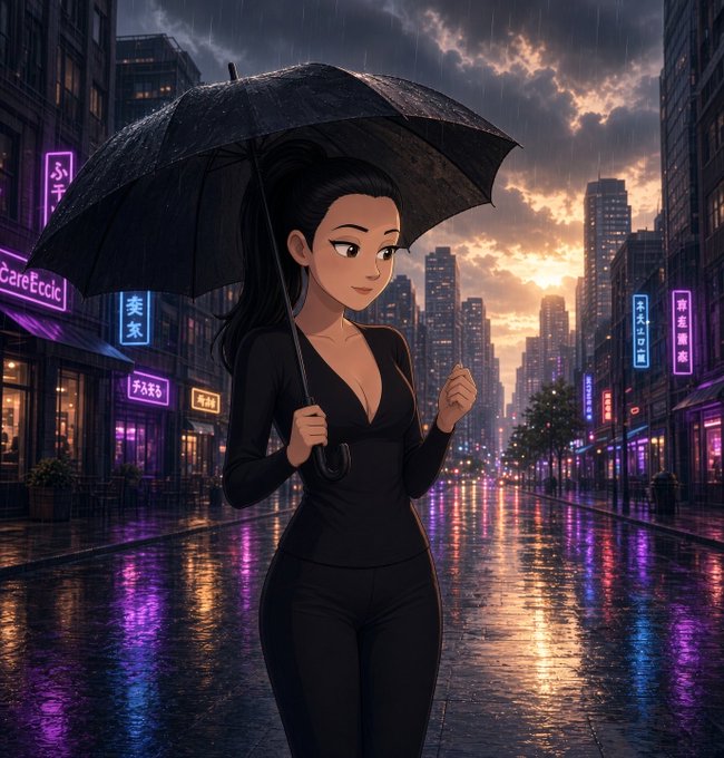 An anime-style illustration of a black-haired woman in a black outfit holding a black umbrella on a rain-soaked neon-lit city street at dusk with Japanese signage including 'CafeEccia'.