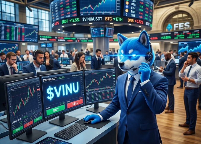 An AI-generated scene of a blue anthropomorphic fox/dog character wearing a business suit and headset at a trading desk, with multiple monitors showing '$VINU', 'BUY/SELL' buttons, and cryptocurrency tickers including $BDT, $VINU/USDT, BTC, ETH, and BND.