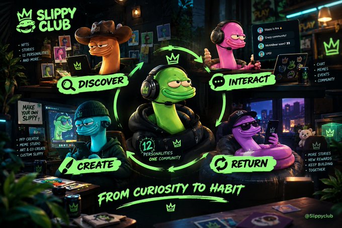 A promotional graphic for "Slippy Club" featuring cartoon sloth characters wearing headphones, branded as "12 PERSONALITIES, ONE COMMUNITY," with neon green labels reading "DISCOVER," "INTERACT," "CREATE," and "RETURN," and the tagline "FROM CURIOSITY TO HABIT."
