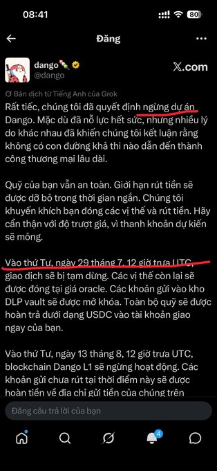 A Vietnamese translation of an X.com post from @dango announces the discontinuation of the Dango project, with red lines highlighting key dates of July 29 and August 13.