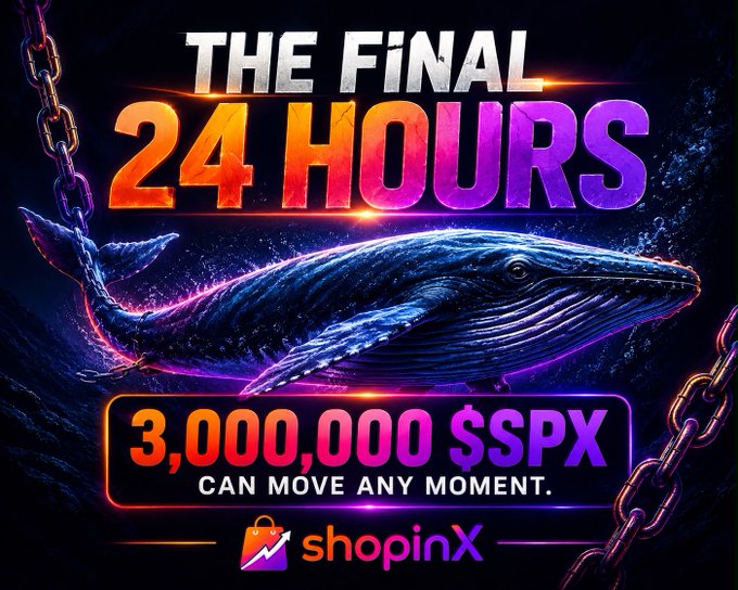 The image is a dramatic promotional graphic featuring a whale breaching through water, with the bold text "THE FINAL 24 HOURS" and "3,000,000 $SPX CAN MOVE ANY MOMENT," along with the shopinX logo. It visually reinforces the accompanying post's urgent message that a 3,000,000 $SPX transfer could happen at any moment during this final 24-hour window, emphasizing the suspense and unpredictability surrounding the pending transaction.