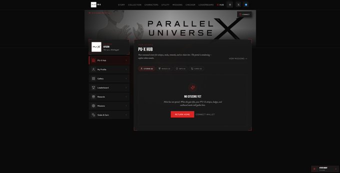 The image shows a webpage for "Parallel X Universe" featuring a "PU-X HUB" interface with navigation options like PU-X Hub, My Profile, Gallery, Leaderboard, Rewards, and Missions, alongside a message reading "NO CITIZENS YET." The post relates to this image by announcing the beginning of phase 1 for 500 GTD spots to join the "PU-X" portal, inviting users to drop their community in the replies for a chance to be selected.