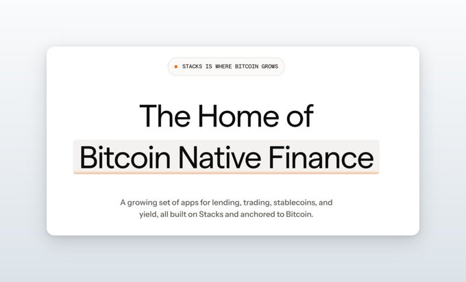 A clean, minimalist promotional card featuring the badge "STACKS IS WHERE BITCOIN GROWS" above the headline "The Home of Bitcoin Native Finance," with subtext describing a growing set of lending, trading, stablecoin, and yield apps built on Stacks and anchored to Bitcoin—reinforcing the post's message that Bitcoin-native finance is secured by Bitcoin itself.