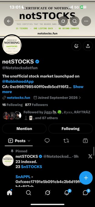 An X (Twitter) profile page for 'notSTOCKS' (@Notstocksdotfun) shows it as 'The unofficial stock market launchpad on @RobinhoodApp' with 877 followers.