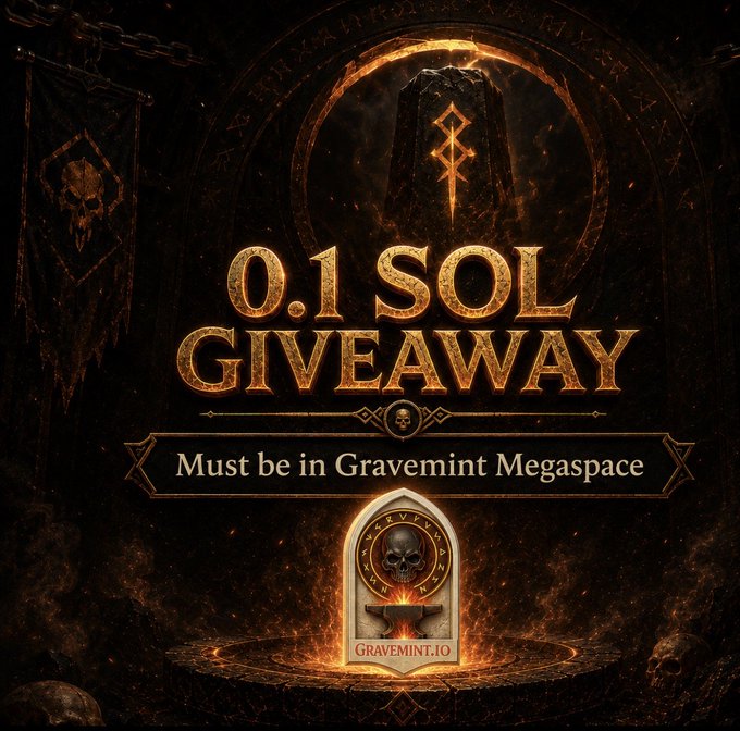A dark, gothic-style promotional graphic announces a "0.1 SOL GIVEAWAY" in glowing gold text, noting that entrants "Must be in Gravemint Megaspace," with a tombstone, skull imagery, and the URL "GRAVEMINT.IO" displayed below. The design ties directly to the post's entry requirements, encouraging users to join the Gravemint megaspace to participate in the giveaway.