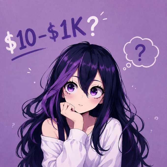 An anime-style illustration of a girl with dark purple hair and purple eyes in a thoughtful pose with a thought bubble containing a question mark, with the text "$10-$1K?" written above her on a purple background.