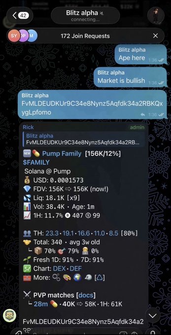 Telegram-style chat screen showing a crypto pump group called 'Blitz alpha' discussing 'Solana @ Pump' with token address, FDV of 156K, liquidity of 18.1K, and pump matching details.