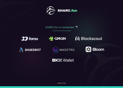 A graphic for "SHARD.fun" stating "SHARC.fun is connected." alongside logos of partner companies including Fomo, ORION, Blockscout, BASGBOT, MAESTRO, Bloom, and DEX Wallet.