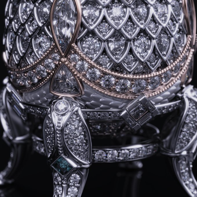 A highly detailed close-up of an ornate silver helmet or armor piece covered in scale-like patterns and encrusted with numerous sparkling diamonds and gemstones.