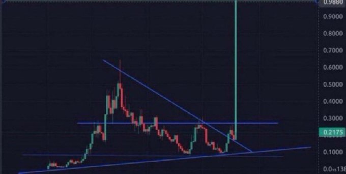 A trading chart displays a memecoin's price action, with the asset currently hovering around $0.2175 after a massive vertical spike to roughly $0.9880, illustrating the explosive breakout pattern implied by the post's question about which memecoin will soon replicate this move.