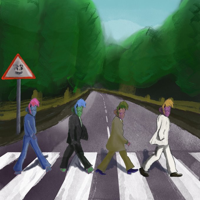 An artistic parody of the Beatles' Abbey Road album cover, featuring four cartoon-style figures crossing a street, with a poison/toxic warning sign instead of the crosswalk sign.