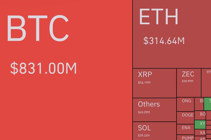 A crypto liquidation treemap shows BTC leading at $831.00M, followed by ETH at $314.64M, XRP at $56.19M, Others at $45.09M, and SOL at $39.24M, with other smaller tickers including ZEC, ONQ, DOGE, and ENA. It illustrates the post’s $1.48B in 24-hour liquidations, heavily weighted toward $1.22B in short positions.