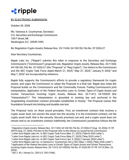 Ripple Labs’ October 20, 2026 letter to SEC Secretary Vanessa A. Countryman responds to proposed crypto-asset rules (Release Nos. 33-11434; 34-106150; File No. S7-2026-27), arguing that XRP is not a security and asking the SEC to confirm that interpretation. The document supports the post’s claim by seeking regulatory clarity for XRP, though it is a comment letter rather than an official SEC determination that XRP is not a security.