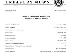 A Treasury News document titled 'TREASURY DEBT BUYBACK OPERATION PRELIMINARY ANNOUNCEMENT' from the U.S. Treasury, dated October 23, with details including a Maturity Date Range, Maximum Size Amount, and Operation Date.