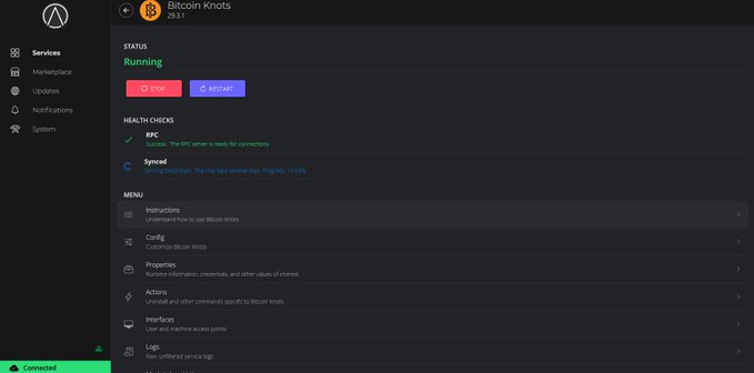 Screenshot of a 'Bitcoin Knots' software dashboard showing status as 'Running' with health checks for RPC and Synced, and a menu including Instructions, Config, Properties, Actions, Interfaces, and Logs.