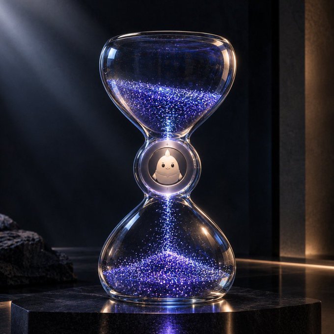 A glowing hourglass filled with shimmering purple particles features a small Sleepagotchi character embedded at its center, symbolizing time and progression.

The hourglass visually reinforces the post's mention of Sleepagotchi, a sleep-to-earn GameFi game, by evoking themes of time, waiting, and progression—core mechanics of its gameplay loop where users rest to advance.
