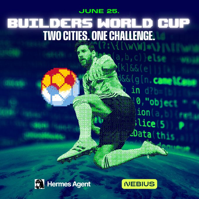 The image features a man holding a soccer ball with his legs crossed, posing for a picture. The background of the photo shows a city skyline, indicating that they are taking place in a big city. The text "Builders World Cup" is also present on the image.