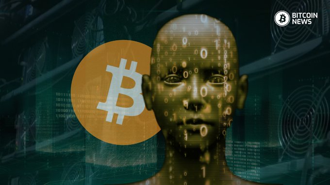 A humanoid figure overlaid with digital binary code appears beside a large Bitcoin symbol, illustrating the crypto-mining industry’s shift toward AI and high-performance computing. The “BITCOIN NEWS” logo is visible in the upper-right corner.