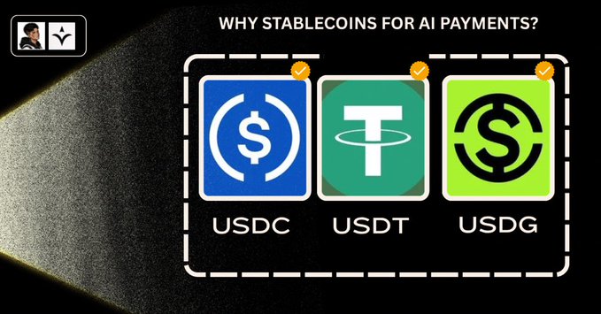 An infographic titled 'WHY STABLECOINS FOR AI PAYMENTS?' displays three cryptocurrency logos: USDC (blue), USDT (green), and USDG (yellow-green).