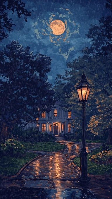 A digital illustration of a large, illuminated house at night during a rainstorm, with a full moon shining through the clouds and a glowing streetlamp in the foreground.