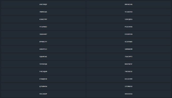 A dark screen displaying two columns of alphanumeric codes, resembling cryptocurrency wallet addresses or transaction hashes.