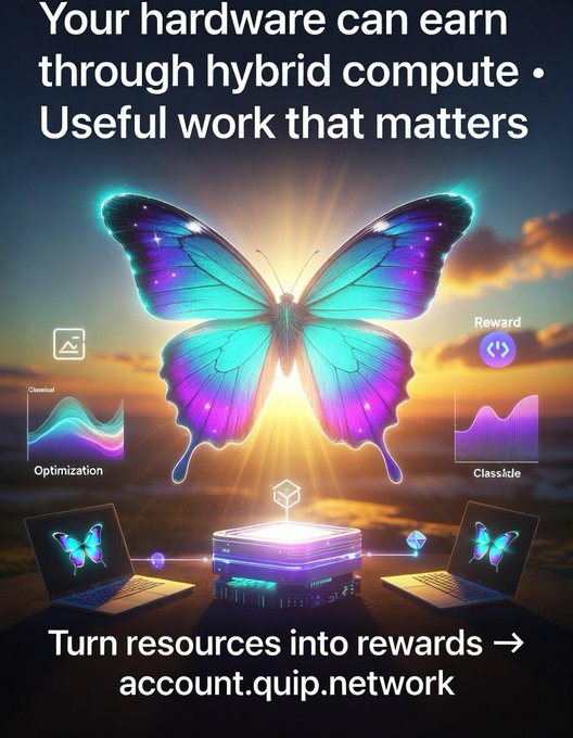 The image features a butterfly, which has been rendered in purple and blue colors, flying over two laptops placed side by side. The background of the image depicts a sunset with clouds, creating an artistic and visually appealing scene. The text on the image reads "Your hardware can earn through hybrid computing . . ." followed by a list of benefits for using hybrid computing systems.