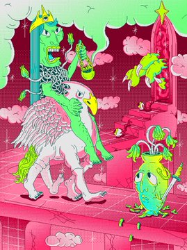 A colorful illustration featuring cartoon characters including a green creature with a crown riding a pink winged unicorn, set in a surreal pink landscape.
