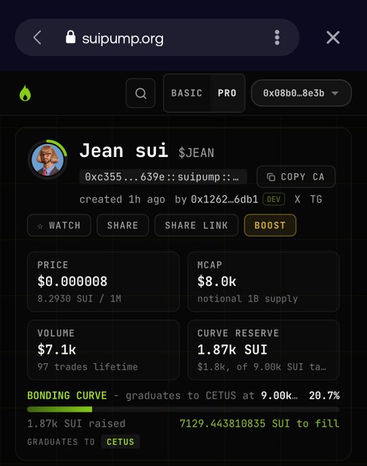 A screenshot from suipump.org showing a token called 'Jean sui $JEAN' with a price of $0.000008, market cap of $8.0k, and volume of $7.1k on the SUI blockchain.