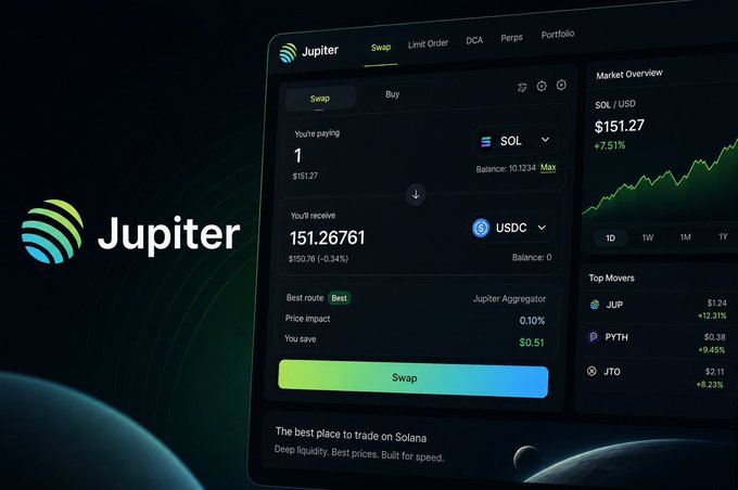 A promotional graphic for the Jupiter crypto trading platform displays its interface with a "Swap" function from SOL to USDC, showing prices and a market overview with top movers like JUP and PYTH.